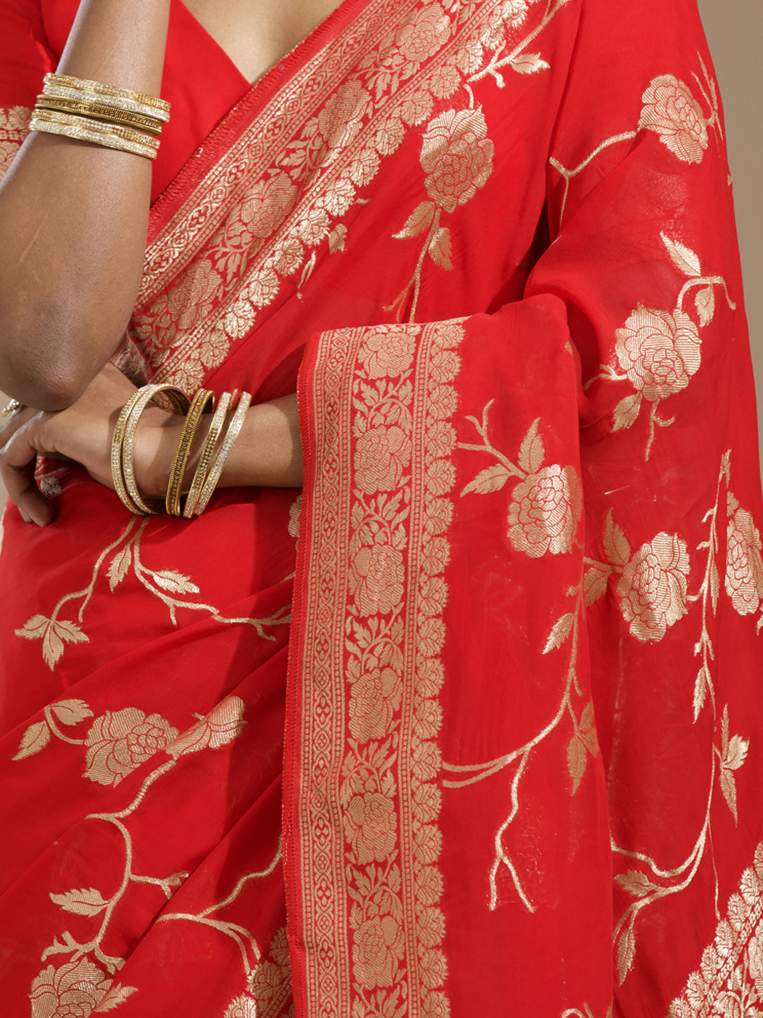 Red Georgette Jaal Gold Zariwork Saree With Matching Blouse Piece