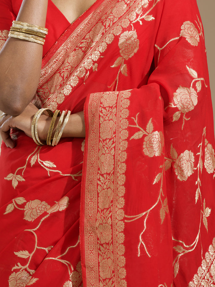 Red Georgette Jaal Gold Zariwork Saree With Matching Blouse Piece