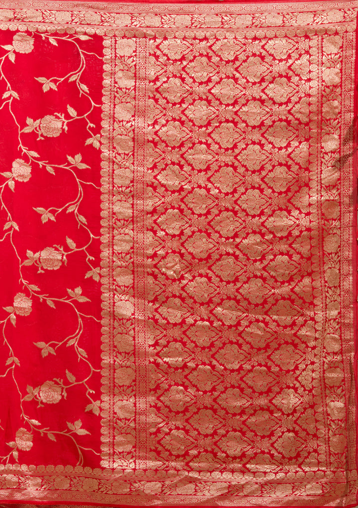 Red Georgette Jaal Gold Zariwork Saree With Matching Blouse Piece