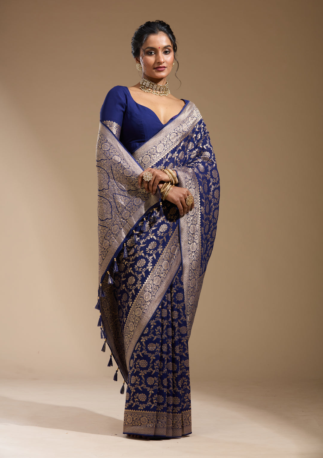 Blue Zariwork (Gold) Georgette Silk Saree