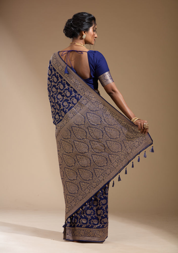 Blue Zariwork (Gold) Georgette Silk Saree