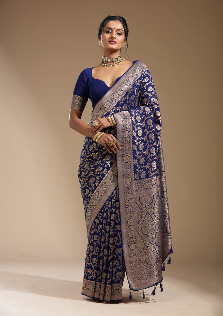 Blue Zariwork (Gold) Georgette Silk Saree