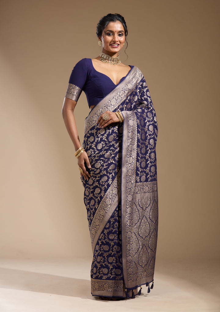 Navy Blue Zariwork (Gold) Georgette Silk Saree