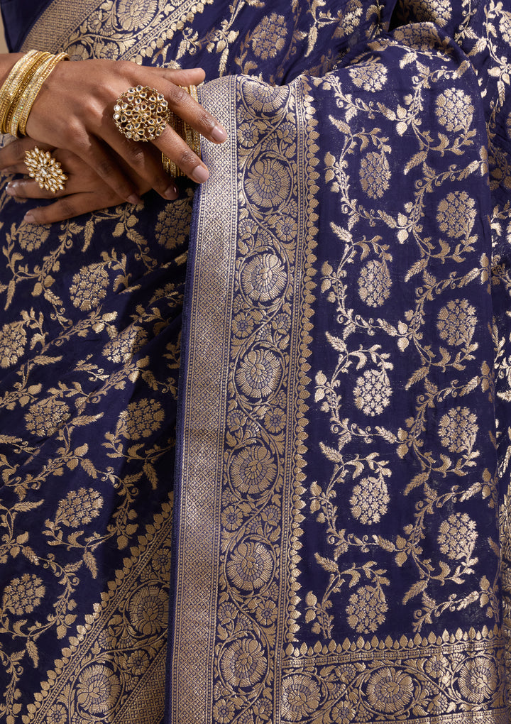 Navy Blue Zariwork (Gold) Georgette Silk Saree