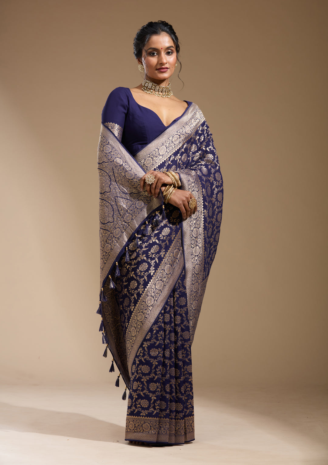 Navy Blue Zariwork (Gold) Georgette Silk Saree