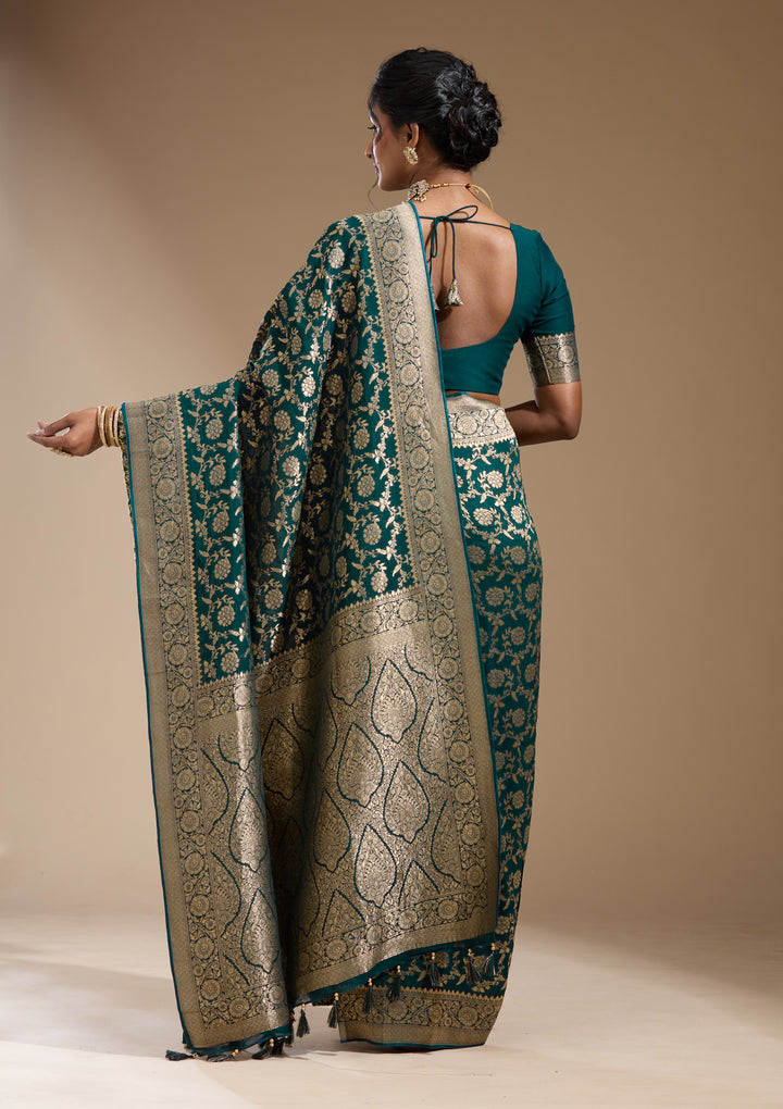 Peacock Blue Zariwork (Gold) Georgette Silk Saree