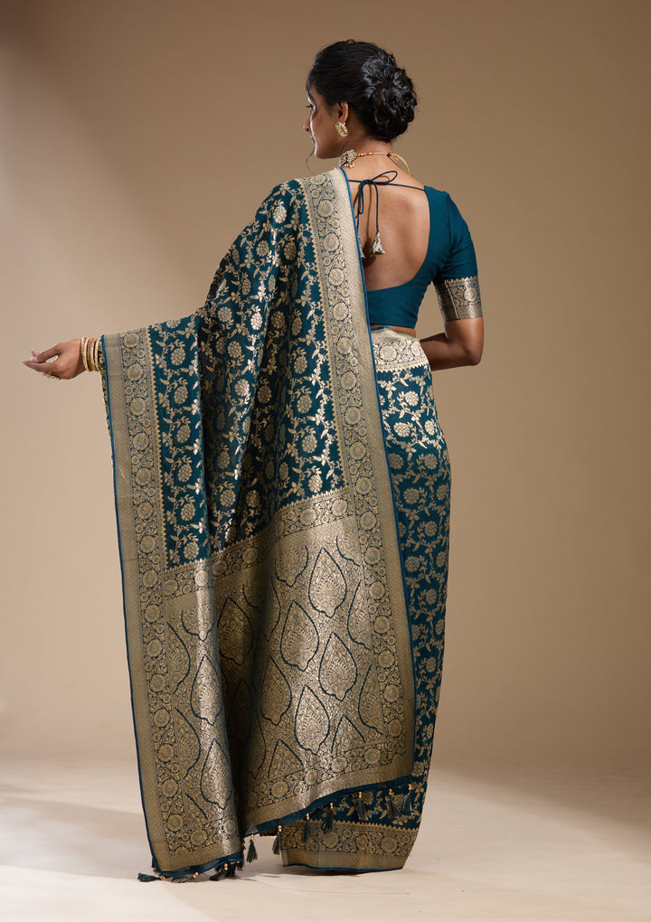 Teal Green Zariwork (Gold) Georgette Silk Saree