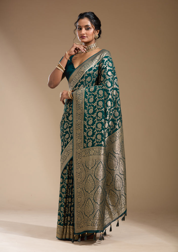 Peacock Blue Zariwork (Gold) Georgette Silk Saree