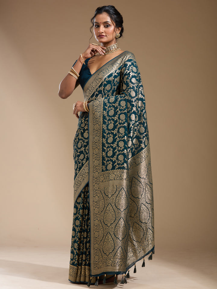 Teal Green Zariwork (Gold) Georgette Silk Saree