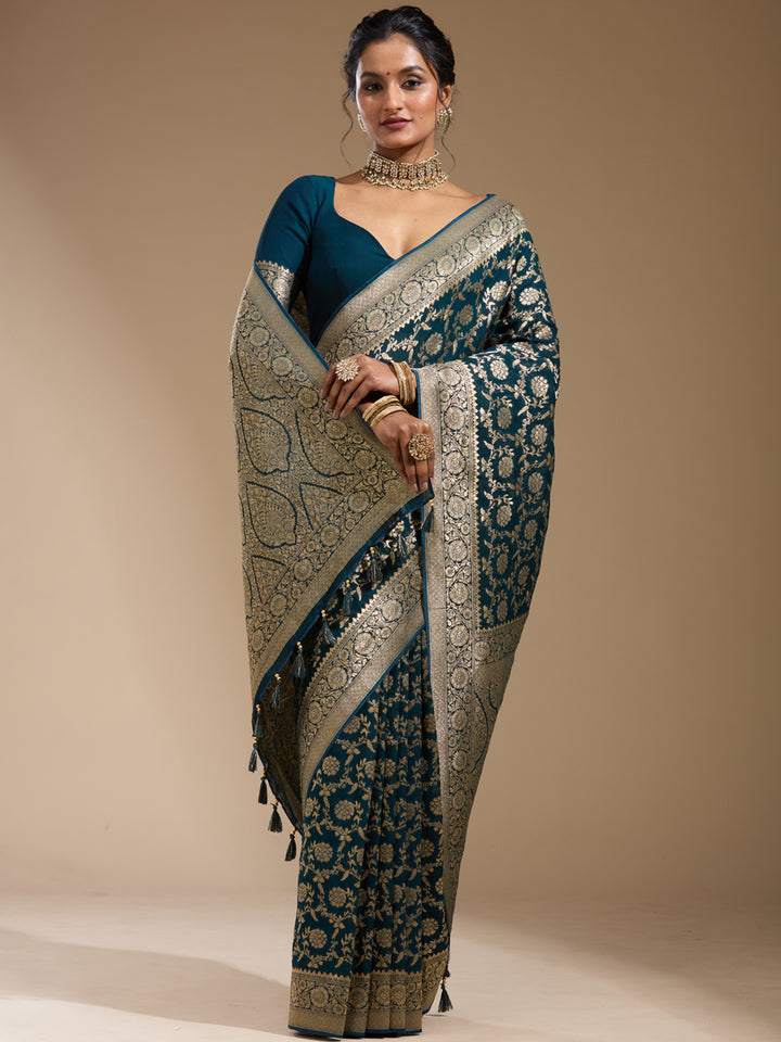 Teal Green Zariwork (Gold) Georgette Silk Saree