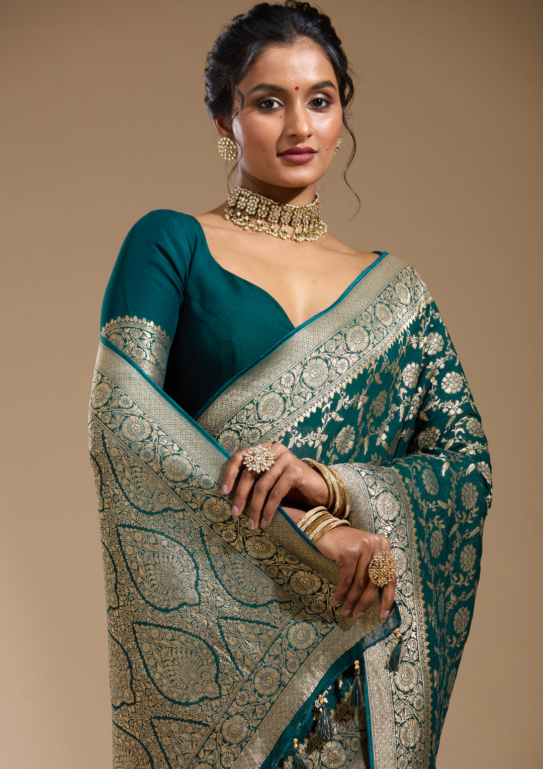 Peacock Blue Zariwork (Gold) Georgette Silk Saree