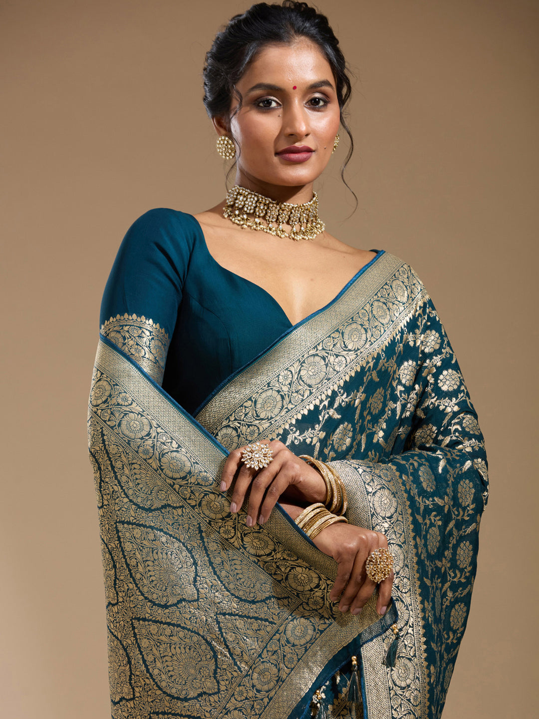 Teal Green Zariwork (Gold) Georgette Silk Saree