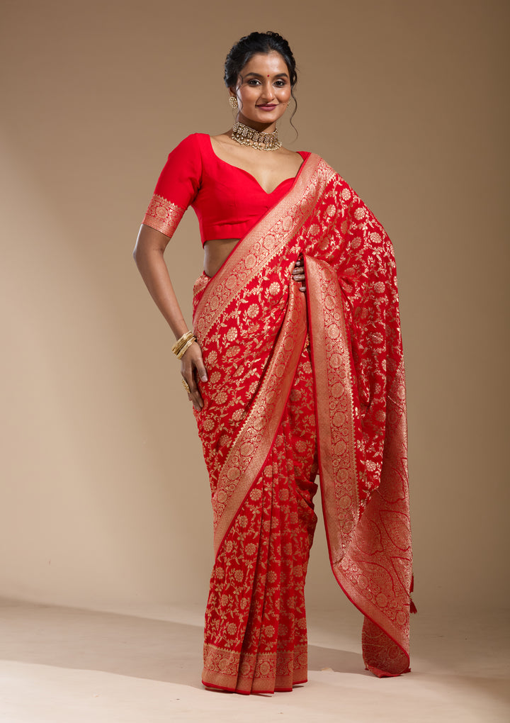 Red Georgette Jaal Gold Zariwork Saree With Matching Blouse Piece