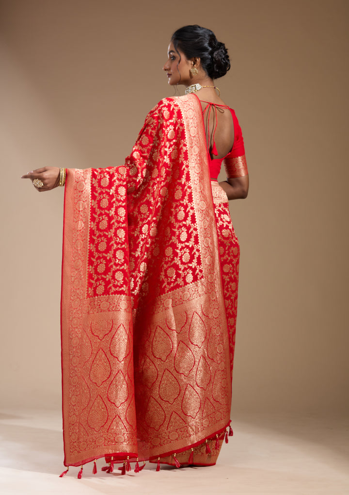 Red Georgette Jaal Gold Zariwork Saree With Matching Blouse Piece
