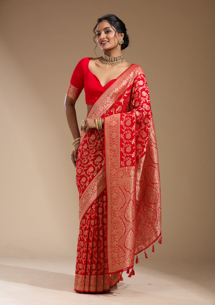 Red Georgette Jaal Gold Zariwork Saree With Matching Blouse Piece