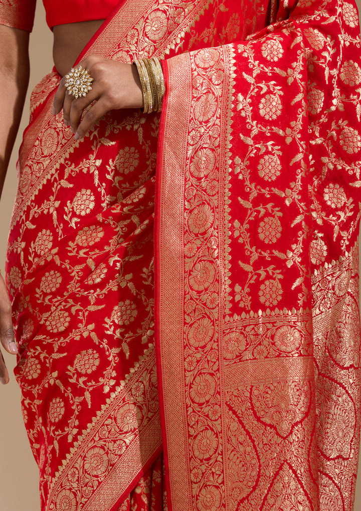 Red Georgette Jaal Gold Zariwork Saree With Matching Blouse Piece