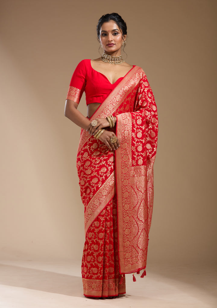 Red Georgette Jaal Gold Zariwork Saree With Matching Blouse Piece