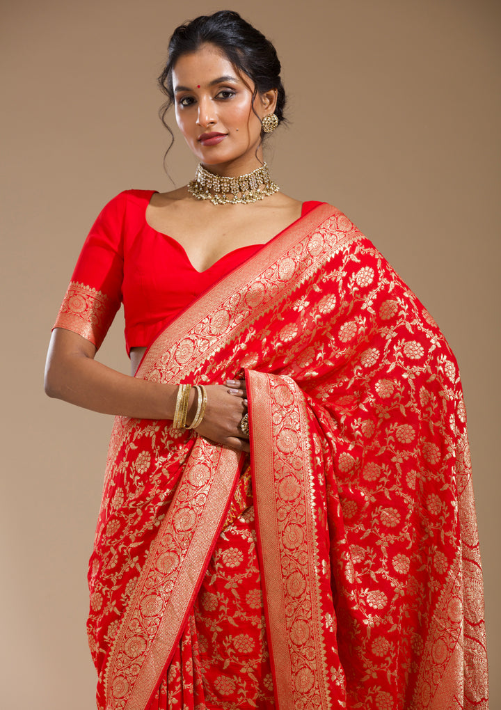 Red Georgette Jaal Gold Zariwork Saree With Matching Blouse Piece