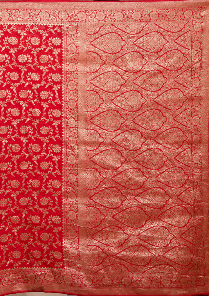 Red Georgette Jaal Gold Zariwork Saree With Matching Blouse Piece