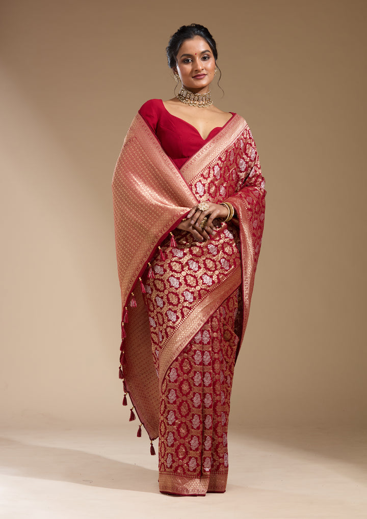 Maroon Georgette Jaal Gold Zariwork Saree With Matching Blouse Piece