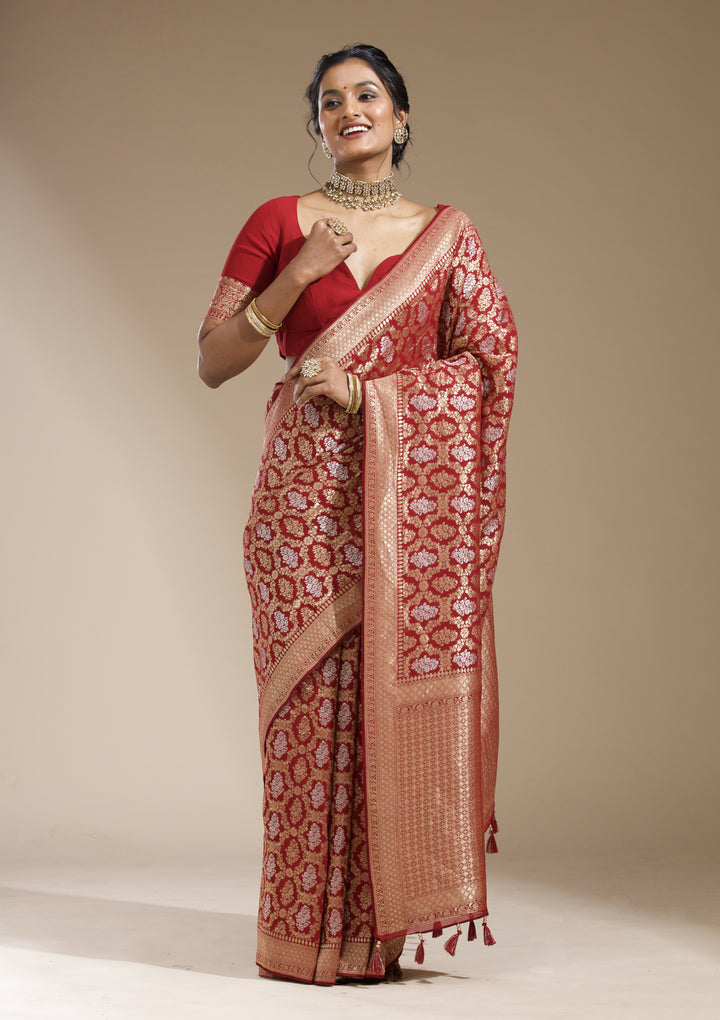 Maroon Georgette Jaal Gold Zariwork Saree With Matching Blouse Piece
