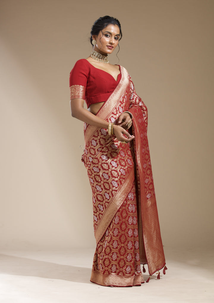 Maroon Georgette Jaal Gold Zariwork Saree With Matching Blouse Piece