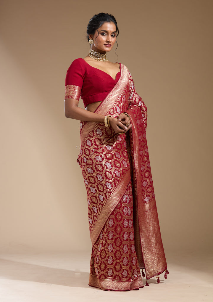 Maroon Georgette Jaal Gold Zariwork Saree With Matching Blouse Piece