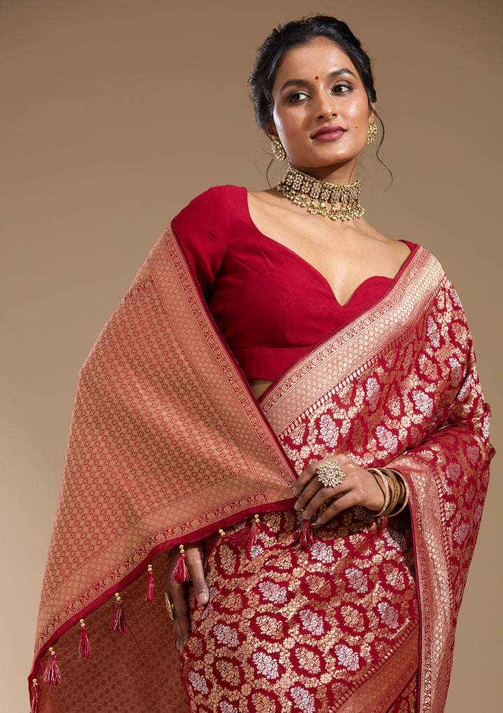 Maroon Georgette Jaal Gold Zariwork Saree With Matching Blouse Piece