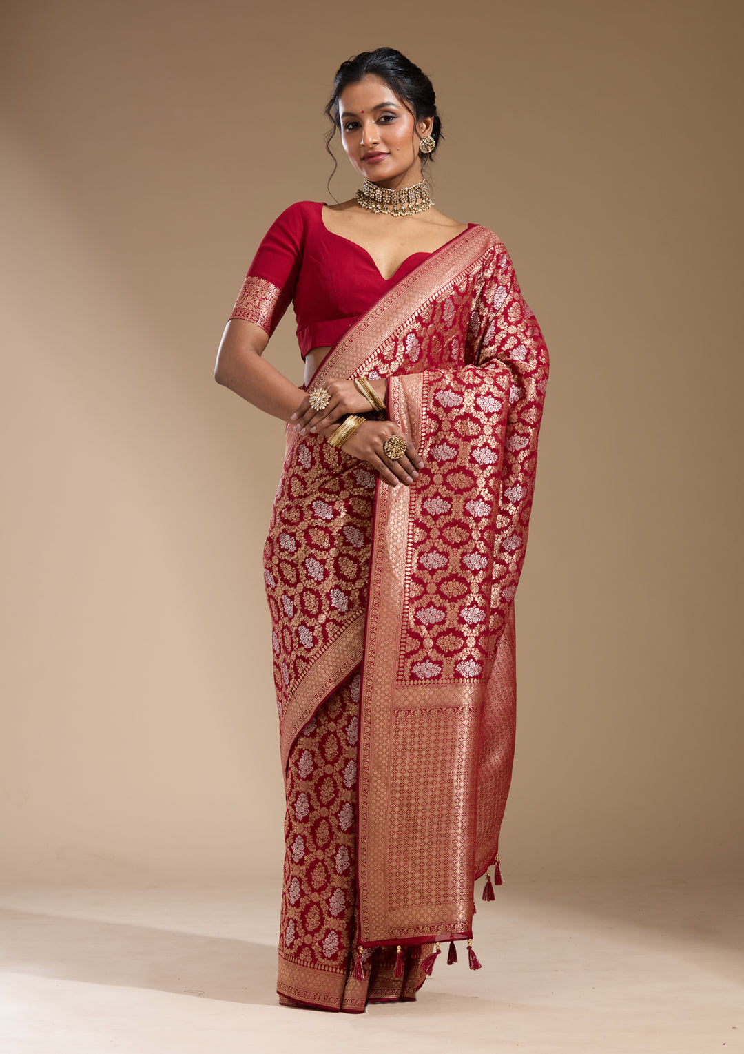 Maroon Georgette Jaal Gold Zariwork Saree With Matching Blouse Piece