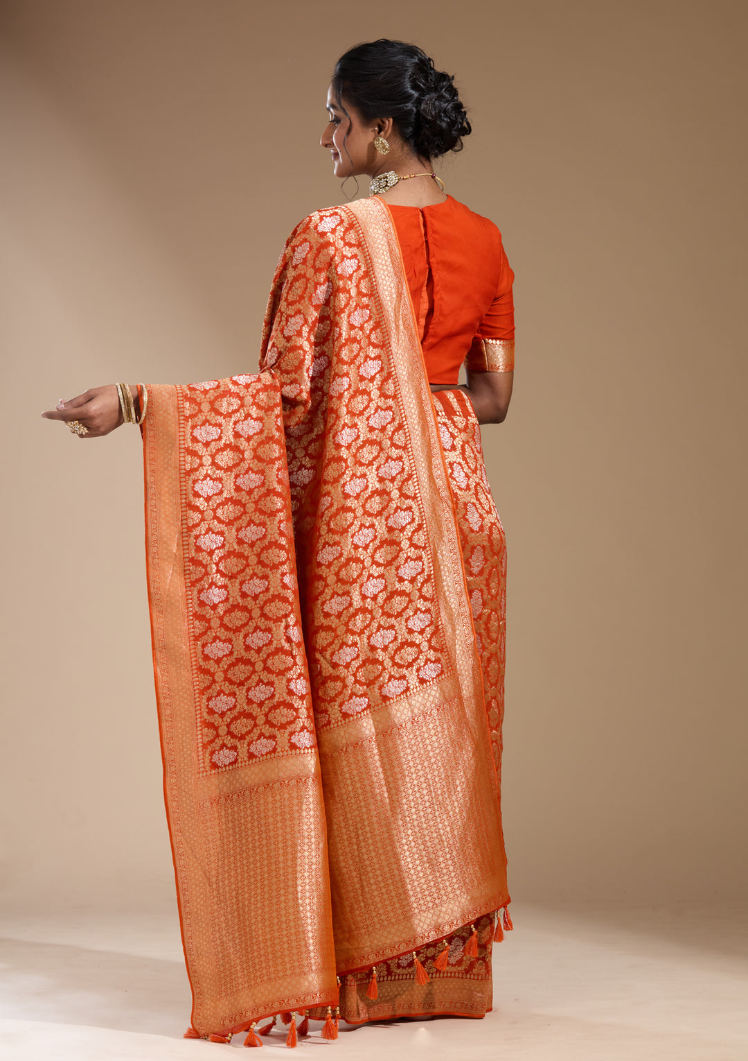 Orange Georgette Jaal Gold Zariwork Saree With Matching Blouse Piece