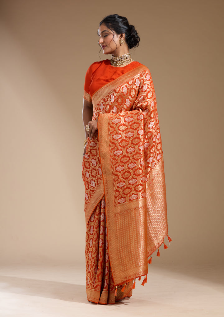 Orange Georgette Jaal Gold Zariwork Saree With Matching Blouse Piece
