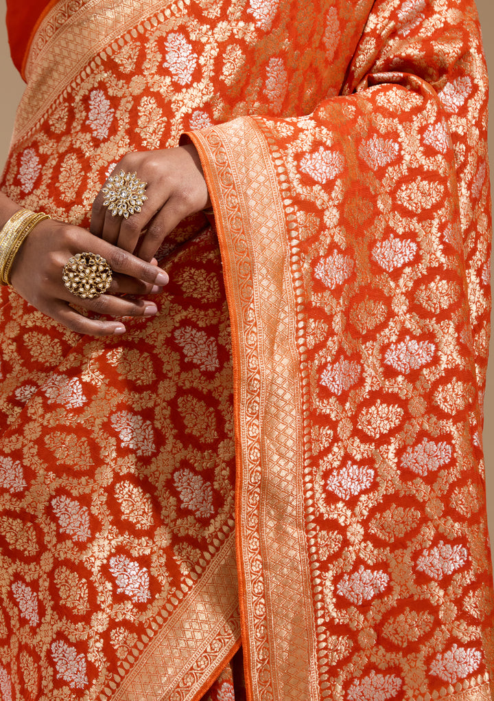 Orange Georgette Jaal Gold Zariwork Saree With Matching Blouse Piece