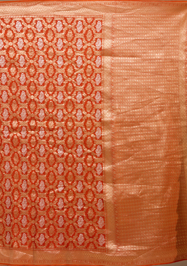 Orange Georgette Jaal Gold Zariwork Saree With Matching Blouse Piece