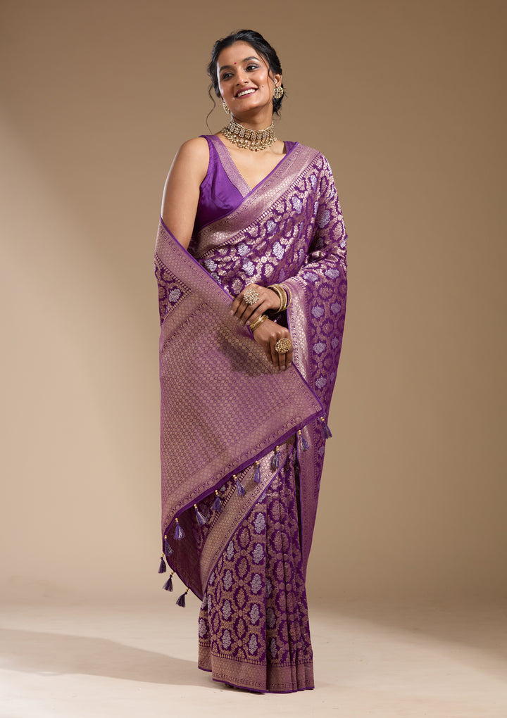 Purple Georgette Jaal Gold Zariwork Saree With Matching Blouse Piece