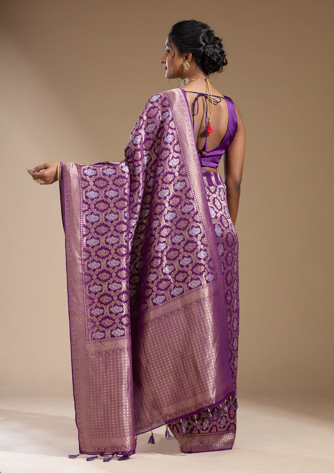 Purple Georgette Jaal Gold Zariwork Saree With Matching Blouse Piece