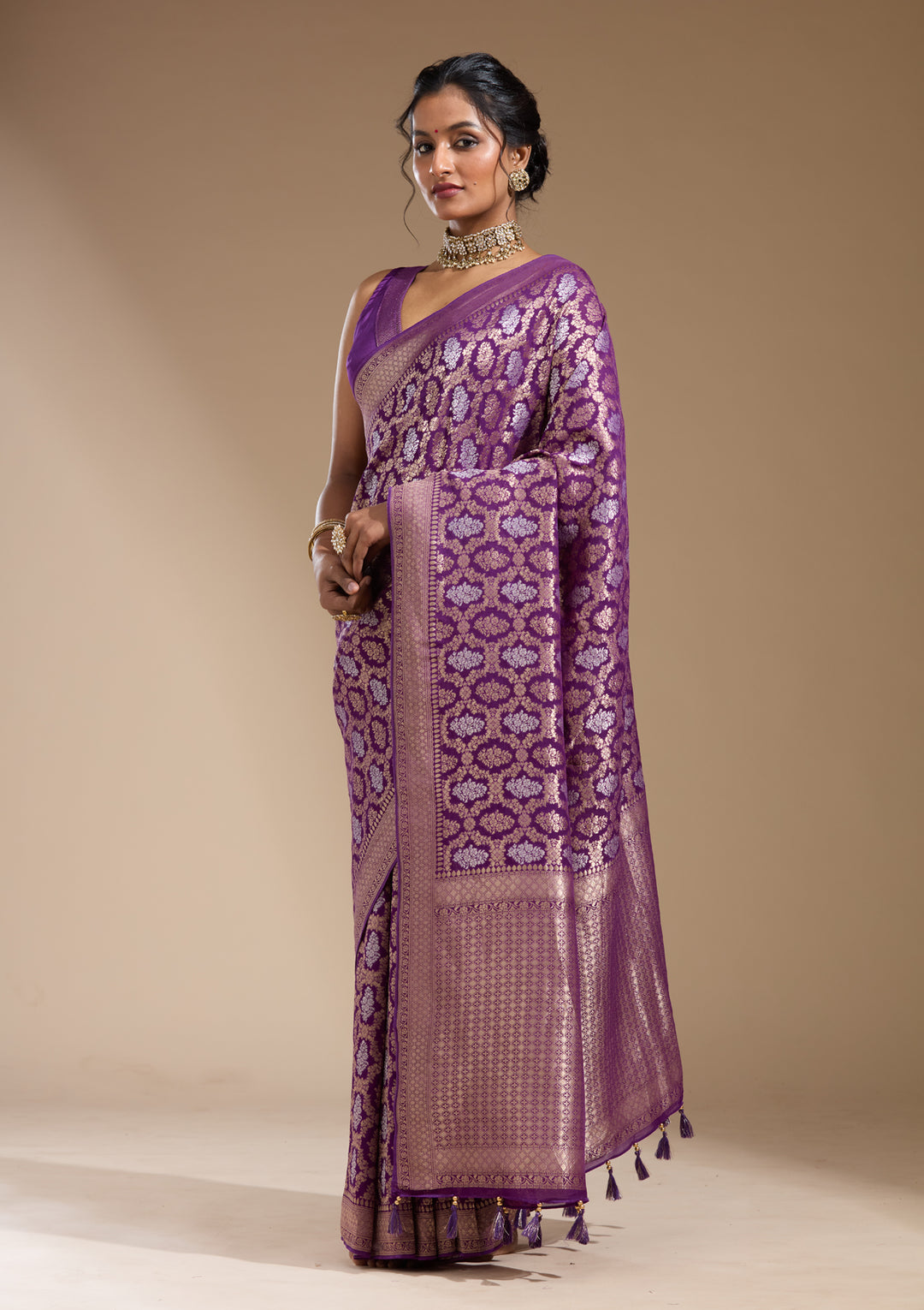 Purple Georgette Jaal Gold Zariwork Saree With Matching Blouse Piece