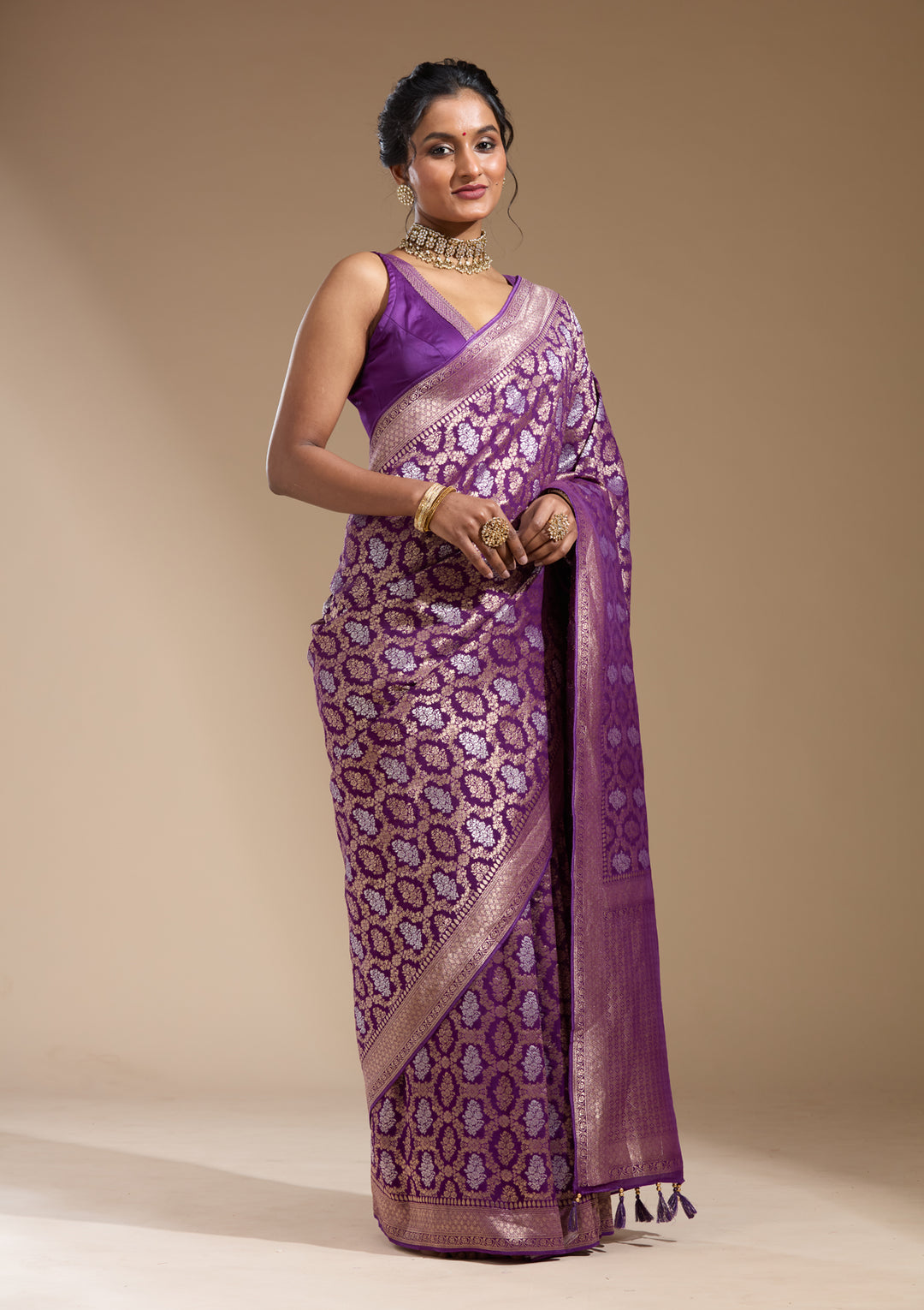 Purple Georgette Jaal Gold Zariwork Saree With Matching Blouse Piece