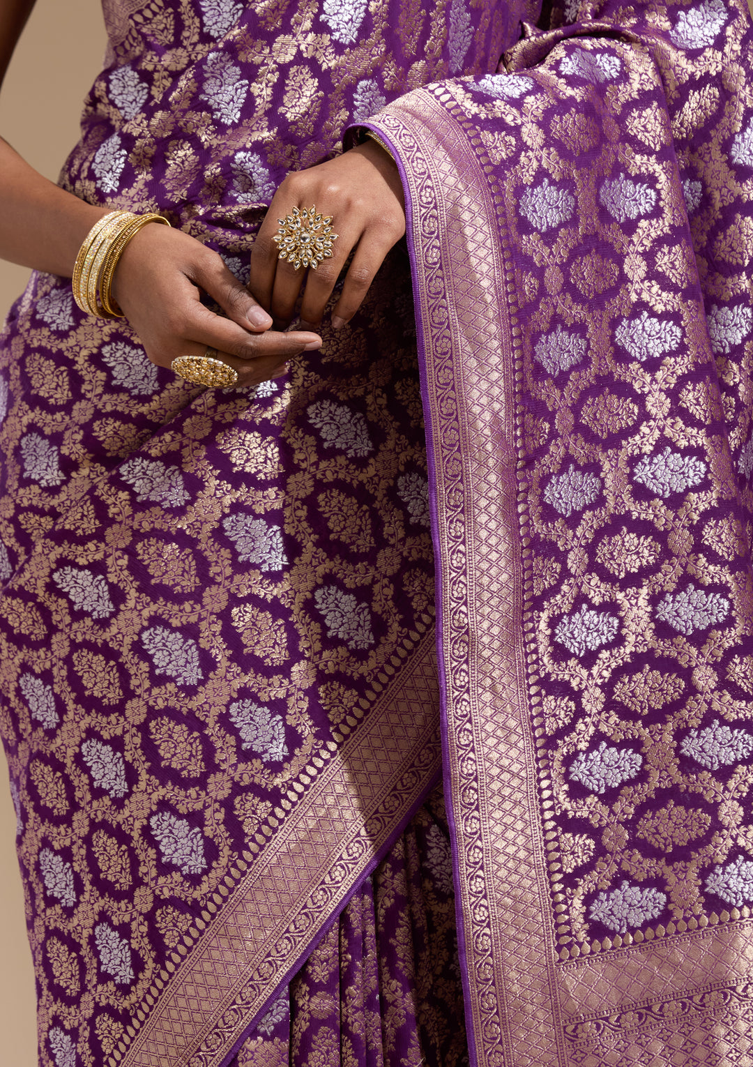 Purple Georgette Jaal Gold Zariwork Saree With Matching Blouse Piece