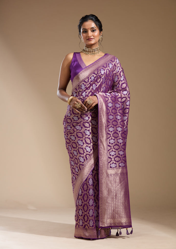 Purple Georgette Jaal Gold Zariwork Saree With Matching Blouse Piece