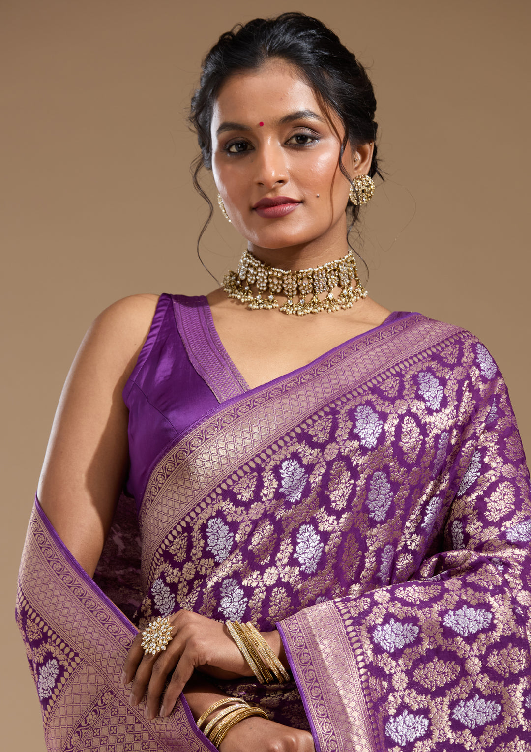 Purple Georgette Jaal Gold Zariwork Saree With Matching Blouse Piece
