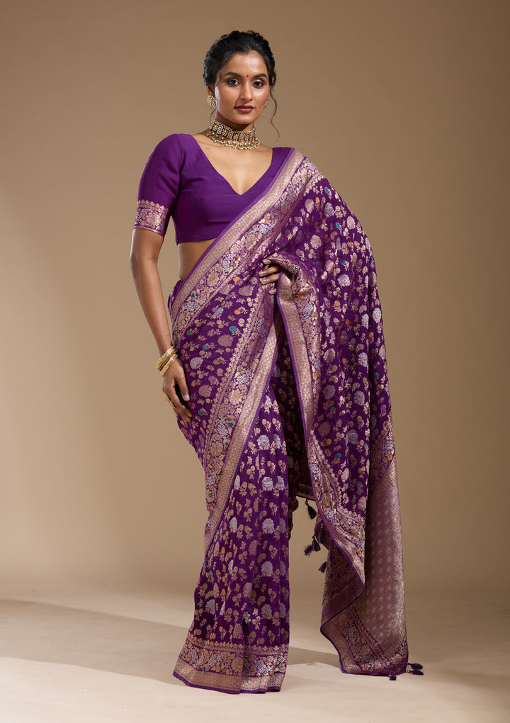 Purple Georgette Jaal Gold Zariwork Saree With Matching Blouse Piece