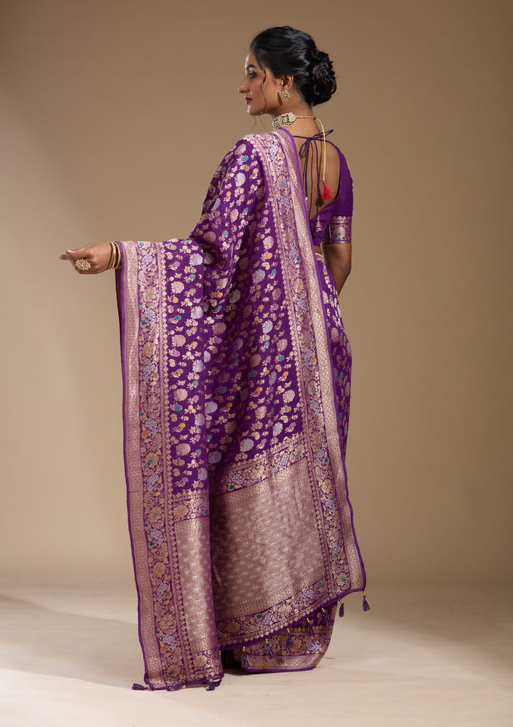 Purple Georgette Jaal Gold Zariwork Saree With Matching Blouse Piece