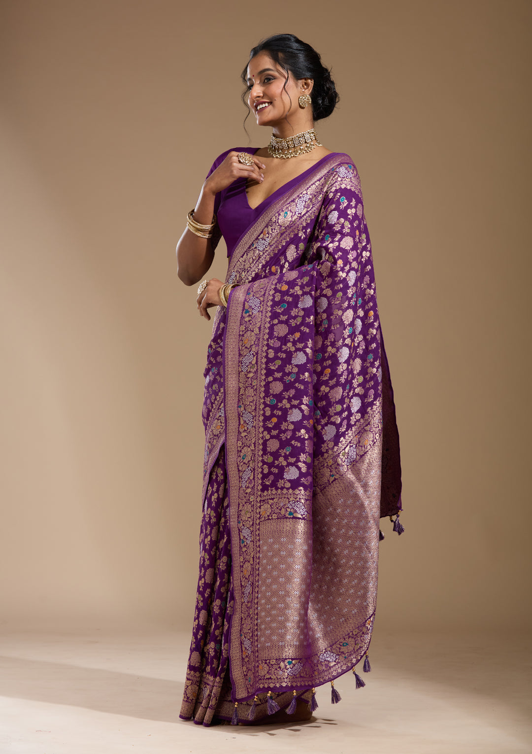 Purple Georgette Jaal Gold Zariwork Saree With Matching Blouse Piece