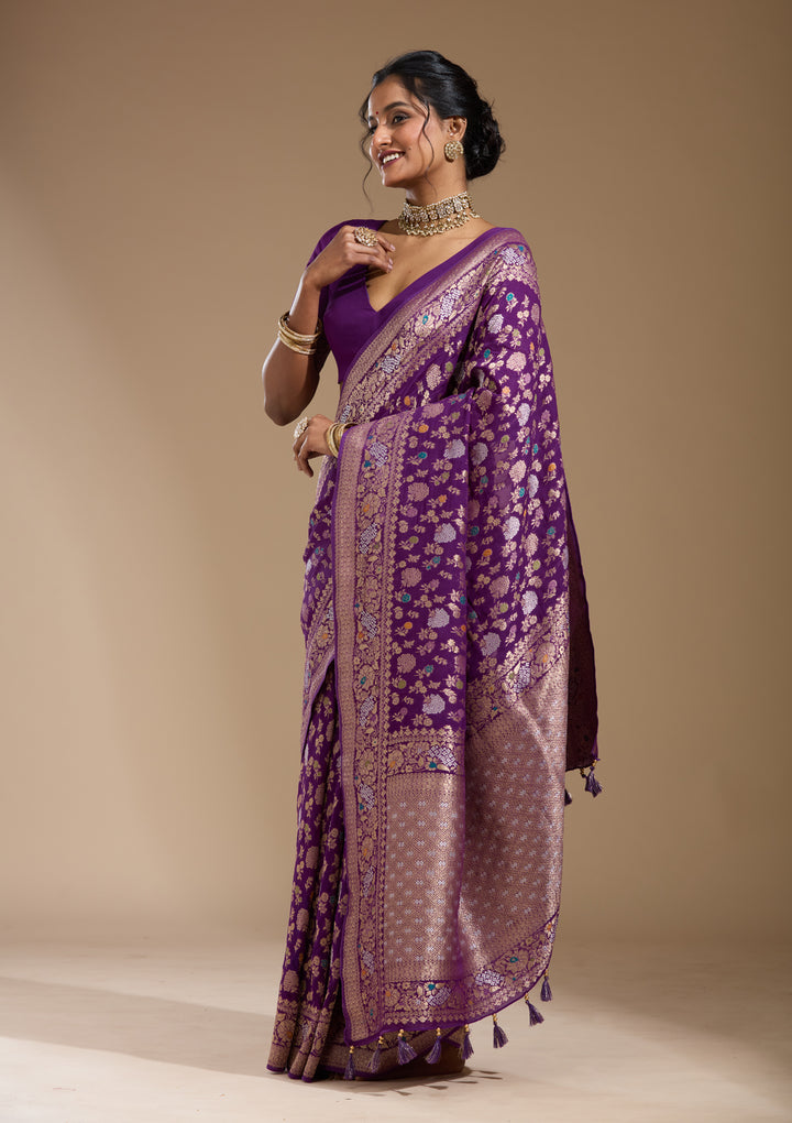 Purple Georgette Jaal Gold Zariwork Saree With Matching Blouse Piece