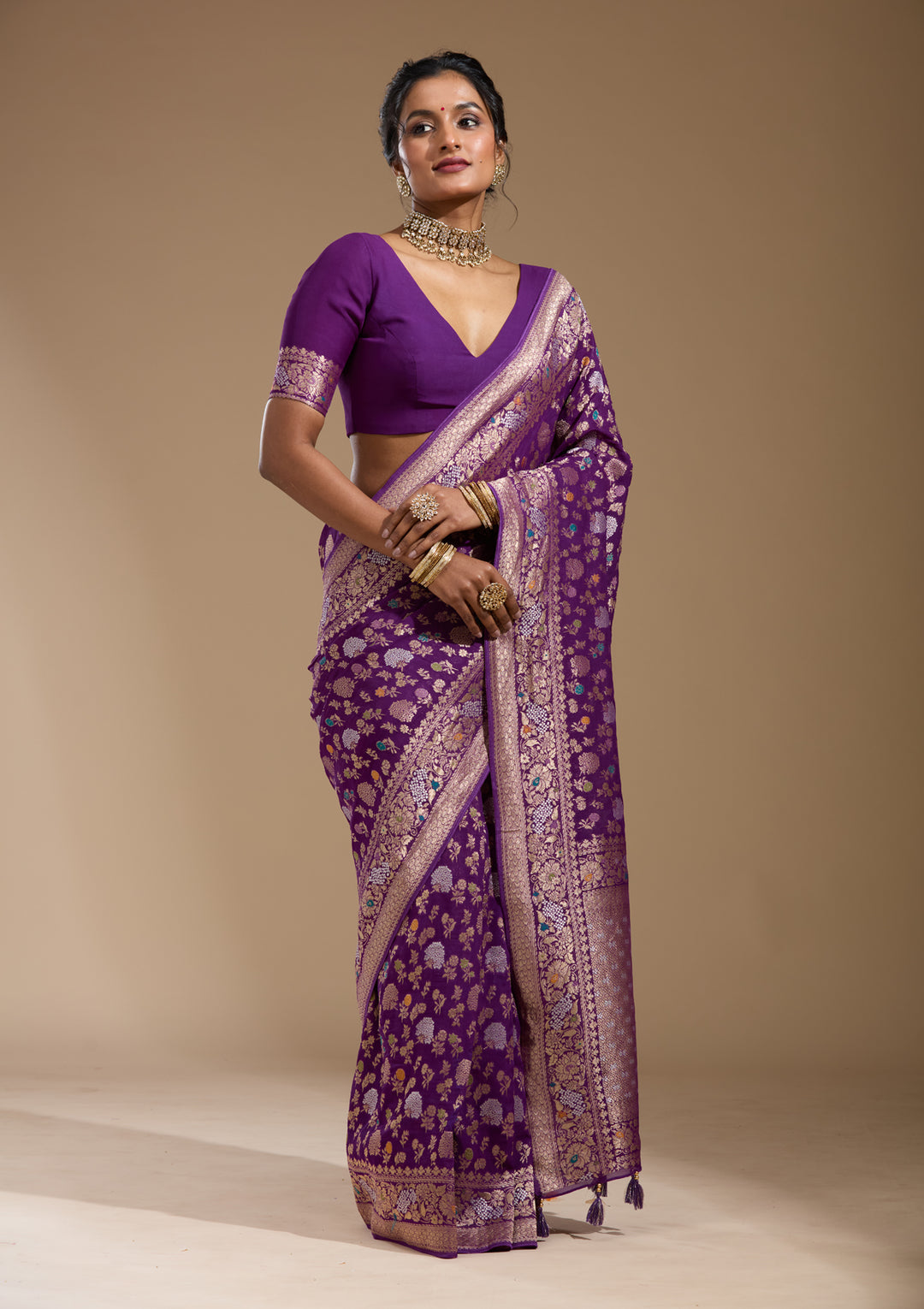 Purple Georgette Jaal Gold Zariwork Saree With Matching Blouse Piece