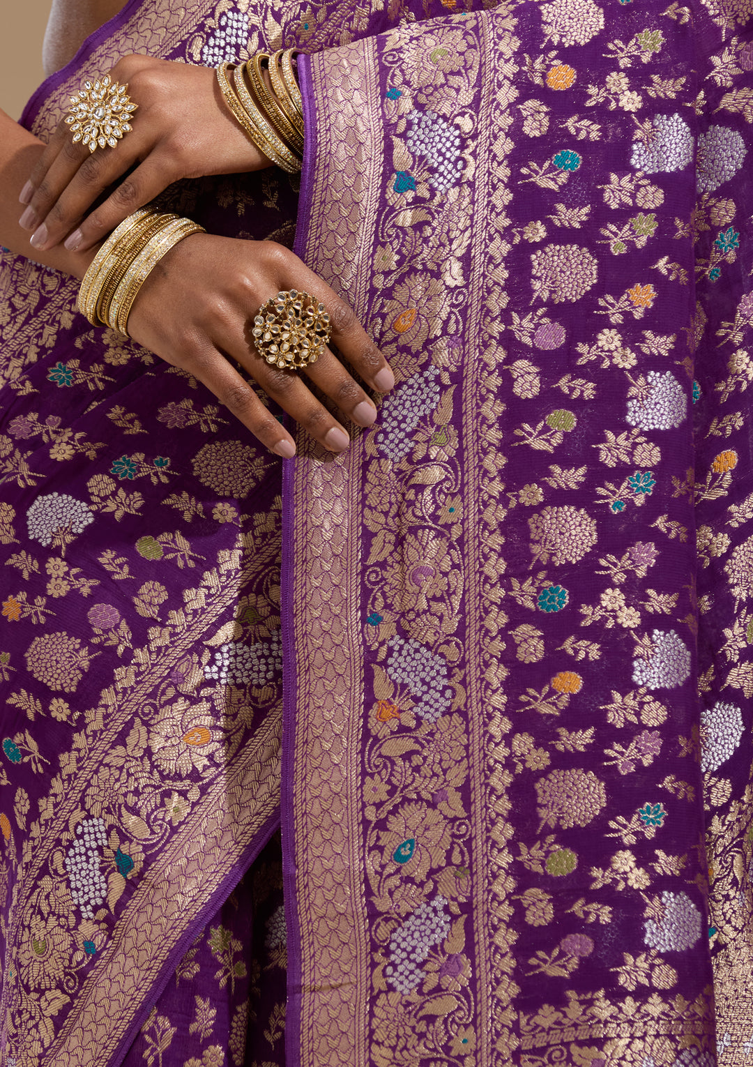 Purple Georgette Jaal Gold Zariwork Saree With Matching Blouse Piece