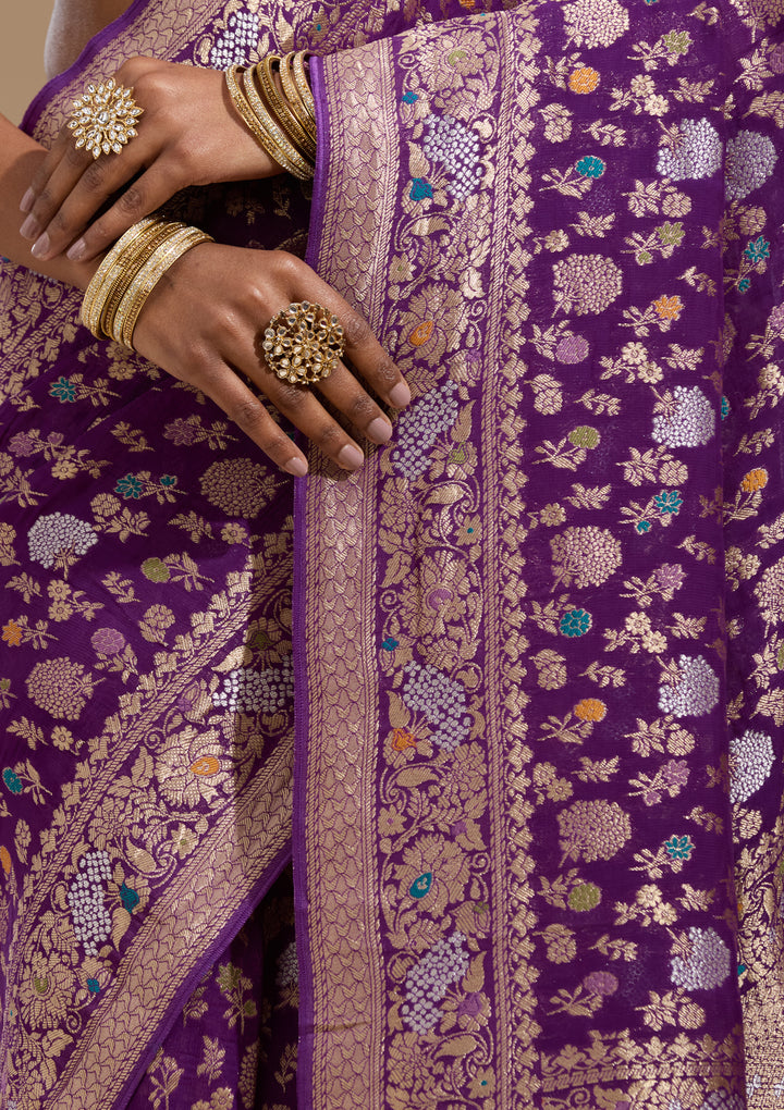 Purple Georgette Jaal Gold Zariwork Saree With Matching Blouse Piece