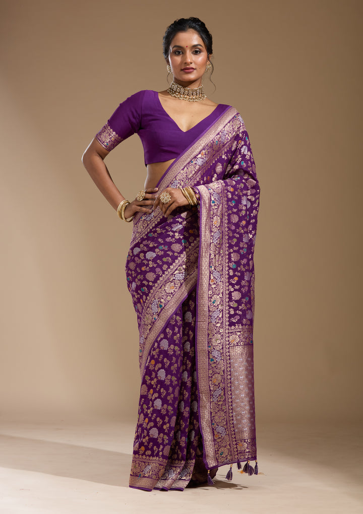 Purple Georgette Jaal Gold Zariwork Saree With Matching Blouse Piece