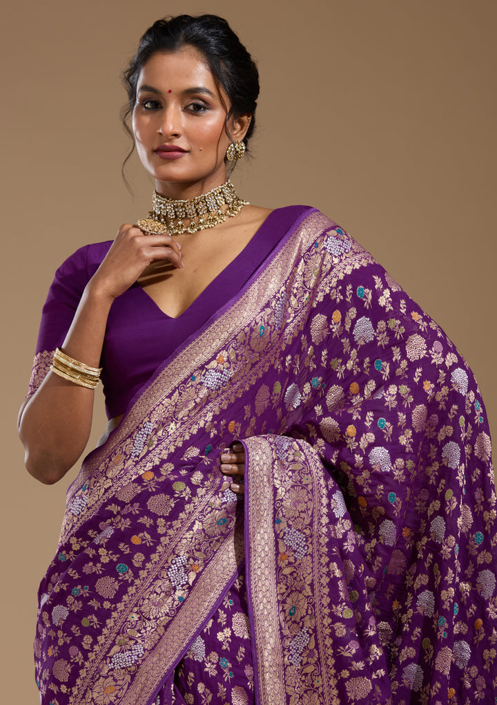 Purple Georgette Jaal Gold Zariwork Saree With Matching Blouse Piece