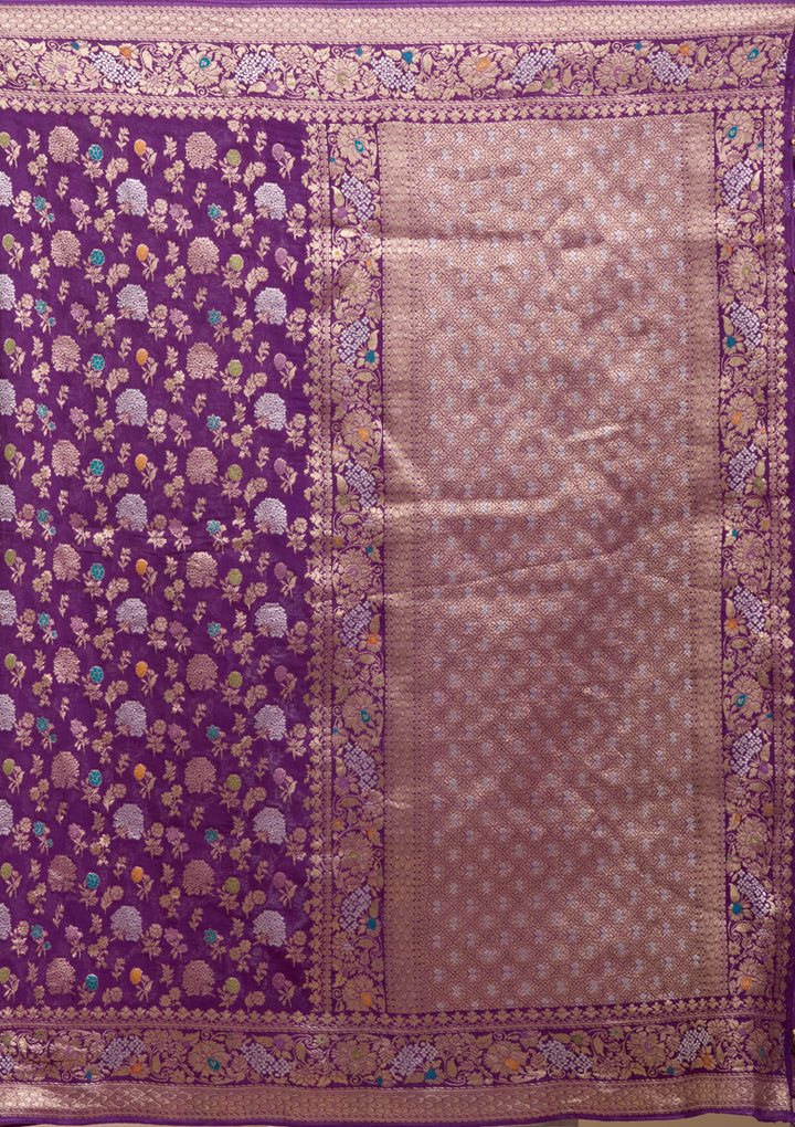 Purple Georgette Jaal Gold Zariwork Saree With Matching Blouse Piece